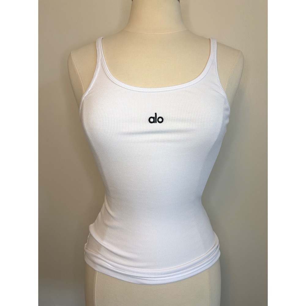 Alo Yoga Ribbed Prosper Tank Top White Spell out Classic Workout shirt Size M